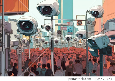 Mass surveillance concept, multiple security cameras observing crowded city street from above Mass surveillance concept, multiple security cameras observing crowded city street from above 104372765