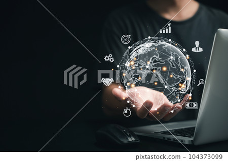 Data-driven success in the digital marketplace. Hand holding virtual Global Internet connection icon. Business, technology, and strategic marketing. Financial and banking solutions. Data-driven success in the digital marketplace. Hand holding virtual Global Internet connection icon. Business, technology, and strategic marketing. Financial and banking solutions. 104373099