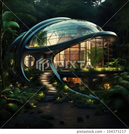 Luxurious futuristic house built in tropical forest 104373217