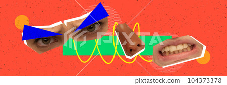 Angry. Human face, facial expression made of diverse people face parts. Contemporary art collage. Angry. Human face, facial expression made of diverse people face parts. Contemporary art collage. 104373378