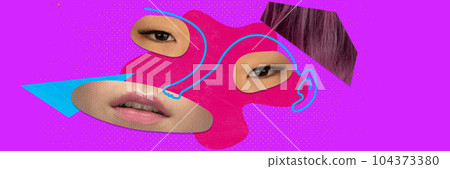 Calmness. Human face, facial expression made of diverse people face parts. Contemporary art collage. Calmness. Human face, facial expression made of diverse people face parts. Contemporary art collage. 104373380