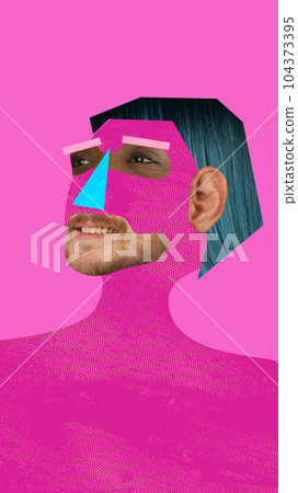 Surreal portrait. Human face, facial expression made of diverse people face parts. Contemporary art collage. 104373395