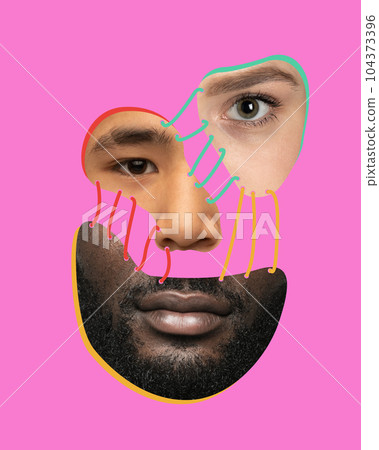Seriousness. Human face, facial expression made of diverse people face parts. Contemporary art collage. 104373396