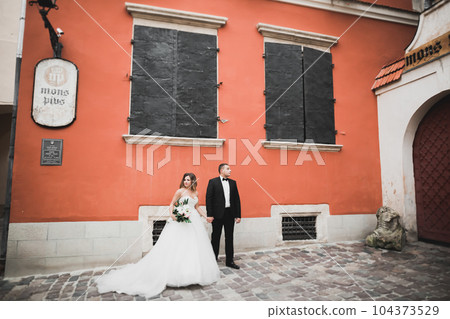 Wedding couple bride and groom holding hands Wedding couple bride and groom holding hands 104373529