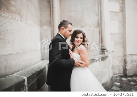 Lovely happy wedding couple, bride with long white dress Lovely happy wedding couple, bride with long white dress 104373531