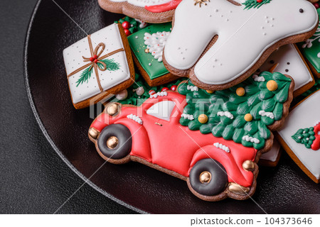 Beautiful Christmas or New Year colorful homemade gingerbread cookies 104373646