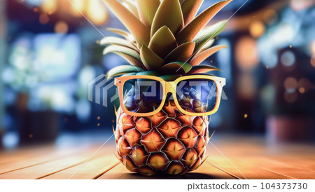 Pineapple hipster in sunglasses on a tropical beach. Tropical summer holiday concept. Happy holidays on the coast of a tropical island 104373730