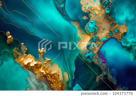 Fluid Art. Liquid jade green waves with molten gold metal. Generative AI illustration Fluid Art. Liquid jade green waves with molten gold metal. Generative AI illustration 104373770