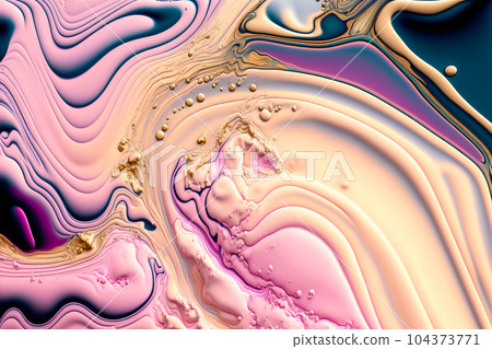 Fluid Art. Liquid pink cream and metallic gold waves and swirls. Generative AI illustration 104373771