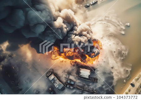 Aerial view of Cargo ship explosion with fire and smoke. Generative AI illustration 104373772
