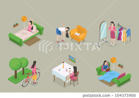 3D Isometric Flat Vector Conceptual Illustration of Habits and Ritual Items 3D Isometric Flat Vector Conceptual Illustration of Habits and Ritual Items 104373908