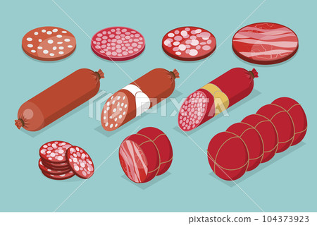 3D Isometric Flat Vector Set of Sausages and Meat Products 104373923