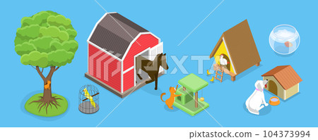 3D Isometric Flat Vector Set of Wild And Domestic Animals With Homes 3D Isometric Flat Vector Set of Wild And Domestic Animals With Homes 104373994
