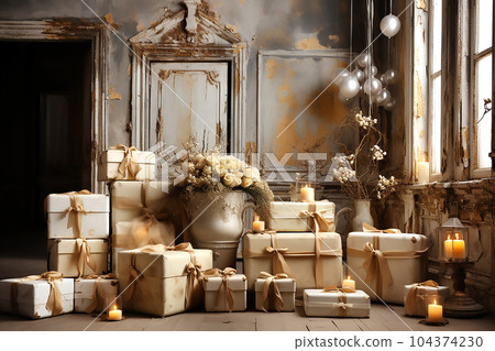 Craft gift boxes with beige bows in white antique interior. Generative AI 104374230