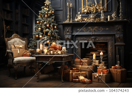 Christmas tree and craft gift boxes with bows in antique interior. Generative AI 104374243