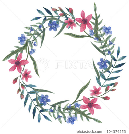 Wildflowers wreath. Watercolor floral border for greeting card and invitation. Blank space for your text. Hand-painted botanical illustration for wedding, birthday and other printing projects. Wildflowers wreath. Watercolor floral border for greeting card and invitation. Blank space for your text. Hand-painted botanical illustration for wedding, birthday and other printing projects. 104374253