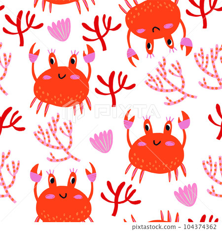 Vector seamless childrens pattern with colorful crabs, shells and starfish on a white background. Suitable for baby prints, nursery decor, wallpaper, wrapping paper, stationery, scrapbooking. Vector Vector seamless childrens pattern with colorful crabs, shells and starfish on a white background. Suitable for baby prints, nursery decor, wallpaper, wrapping paper, stationery, scrapbooking. Vector 104374362