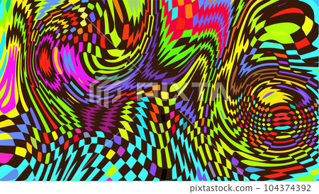 Distorted neon checkered pattern. Abstract euphoria. Hallucination in consciousness Distorted neon checkered pattern. Abstract euphoria. Hallucination in consciousness 104374392