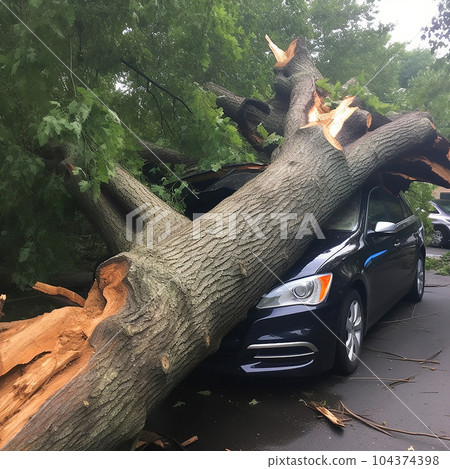 Big tree fell on the car, catastrophe, breakdown, destruction, insured event, natural disaster Big tree fell on the car, catastrophe, breakdown, destruction, insured event, natural disaster 104374398