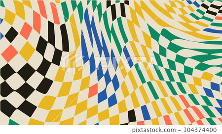 1970 retro trippy wave checkered pattern. Groovy geometric distorted grid. 1970 retro trippy wave checkered pattern. Groovy geometric distorted grid. 104374400