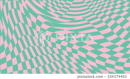 1970 retro trippy wave checkered pattern. Groovy geometric distorted grid. 1970 retro trippy wave checkered pattern. Groovy geometric distorted grid. 104374401