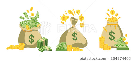 Money bag with money set. Dollar coins and banknotes. 104374403