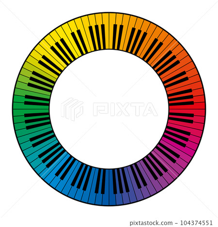 Musical keyboard, circle frame, with twelve octaves of rainbow colored keys. Decorative border, constructed from multicolored keys of a piano keyboard, shaped into a seamless and repeated motif. Musical keyboard, circle frame, with twelve octaves of rainbow colored keys. Decorative border, constructed from multicolored keys of a piano keyboard, shaped into a seamless and repeated motif. 104374551
