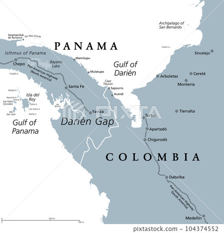 Darien Gap, gray political map. Region in the Isthmus of Panama, connecting North and South America with Central America. The gap is in the Pan-American Highway of which a part were not built. 104374552