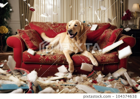 Dog destroying cushions on sofa. Naughty playful dog after biting a pillow. Generative AI 104374638