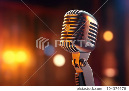 Microphone music background with lighting. Concept public speaking on stage. Generative AI Microphone music background with lighting. Concept public speaking on stage. Generative AI 104374676
