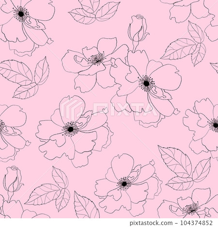 Floral seamless pattern with flower on pink background. Vector Illustration. Aesthetic modern art linear hand drawn for wallpaper, design, textile, packaging, decor. Floral seamless pattern with flower on pink background. Vector Illustration. Aesthetic modern art linear hand drawn for wallpaper, design, textile, packaging, decor. 104374852