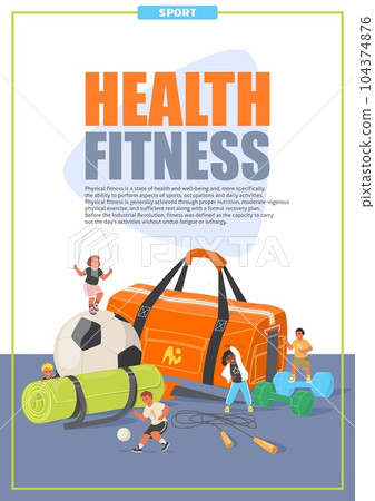 Health fitness poster or flyer template with happy children and sport accessories 104374876