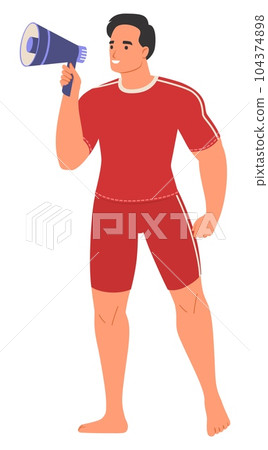 Man beach lifeguard wearing red swimsuit speaking in megaphone 104374898