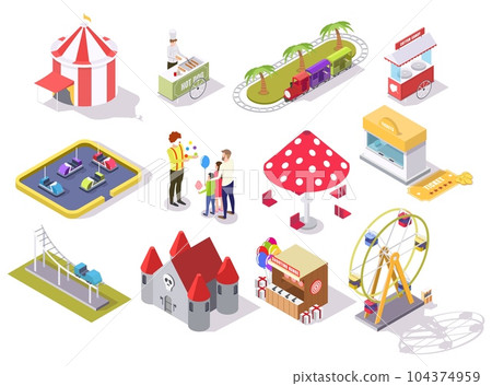 Amusement park vector flat isometric icon set Amusement park vector flat isometric icon set 104374959