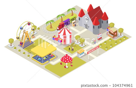 Amusement park attractions vector flat isometric illustration 104374961
