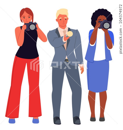 Journalists and photographer team vector illustration. News channels and radio stations workers interviewing standing isolated on white background Journalists and photographer team vector illustration. News channels and radio stations workers interviewing standing isolated on white background 104374972