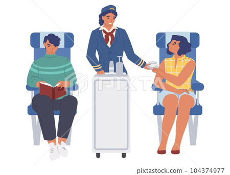 Flight service vector stewardesses and passenger inside plane Flight service vector stewardesses and passenger inside plane 104374977