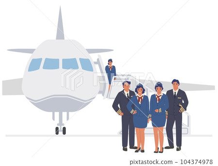 Vector flight crew standing together at airplane illustration Vector flight crew standing together at airplane illustration 104374978