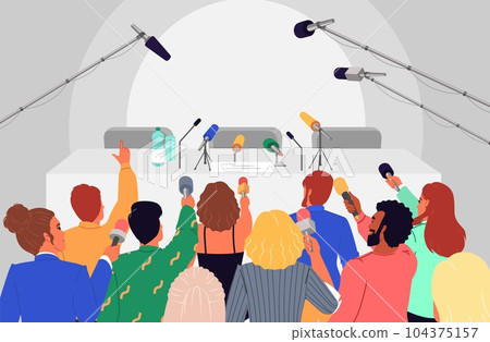 Journalists and reporters with microphone waiting for press conference Journalists and reporters with microphone waiting for press conference 104375157