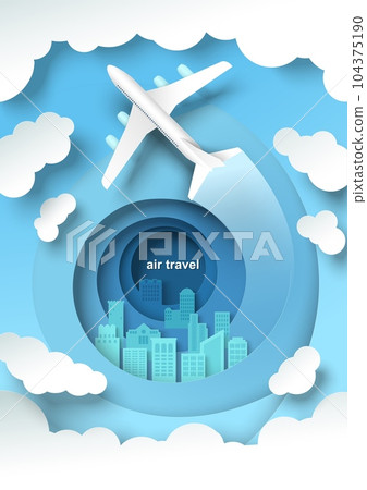 Air travel vector with plane flying over cityscape 104375190