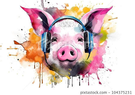 Pig's head in headphones with colorful splashes on white background. Watercolor painting. Generative AI. 104375231