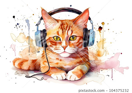 Ginger tabby cat in headphones with colorful splashes on white background. Watercolor painting. Generative AI. 104375232