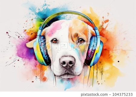 Watercolor dog's head in headphones with colorful splashes on white background. Generative AI. 104375233