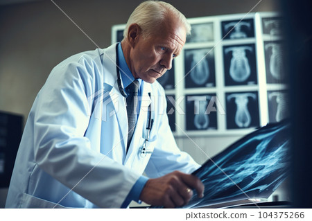 Doctor looking at x ray in lab, radiologist works with MRI scans Doctor looking at x ray in lab, radiologist works with MRI scans 104375266