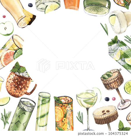 Watercolor frame, cocktail glasses: martini, gin,margarita,mojito,liquor,rum,moscow mule. Hand-drawn illustration isolated on white background. Perfect for recipe lists with alcoholic drinks, for cafe 104375324