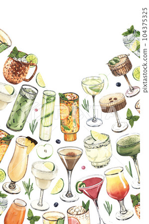 Watercolor frame, cocktail glasses: martini, gin,margarita,mojito,liquor,rum,moscow mule. Hand-drawn illustration isolated on white background. Perfect for recipe lists with alcoholic drinks, for cafe Watercolor frame, cocktail glasses: martini, gin,margarita,mojito,liquor,rum,moscow mule. Hand-drawn illustration isolated on white background. Perfect for recipe lists with alcoholic drinks, for cafe 104375325
