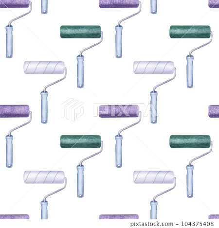 Seamless pattern green violet white roller, blue handle, repair tool. Making renovation. Decorating interior, repainting walls color. Hand drawn watercolor illustration background Seamless pattern green violet white roller, blue handle, repair tool. Making renovation. Decorating interior, repainting walls color. Hand drawn watercolor illustration background 104375408