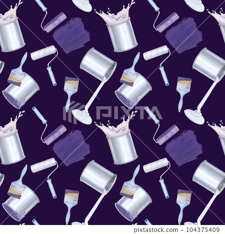 Seamless pattern purple paint is leaking, violet roller, blue handle, repair tool. Making renovation. Decorating interior, repainting walls color. Hand drawn watercolor illustration dark background Seamless pattern purple paint is leaking, violet roller, blue handle, repair tool. Making renovation. Decorating interior, repainting walls color. Hand drawn watercolor illustration dark background 104375409