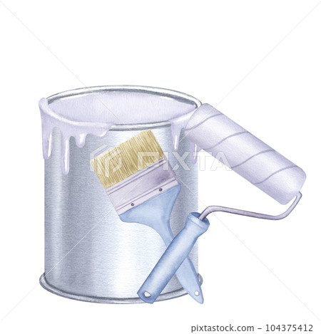 White paint is leaking jar. Roller, brush, repair tool. Making renovation. Decorating interior, repainting walls color. Hand drawn watercolor illustration isolated background 104375412