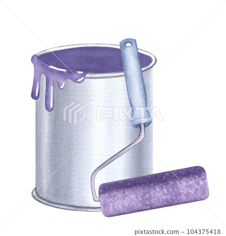 Violet paint leaking flowing iron aluminum can. - Stock 